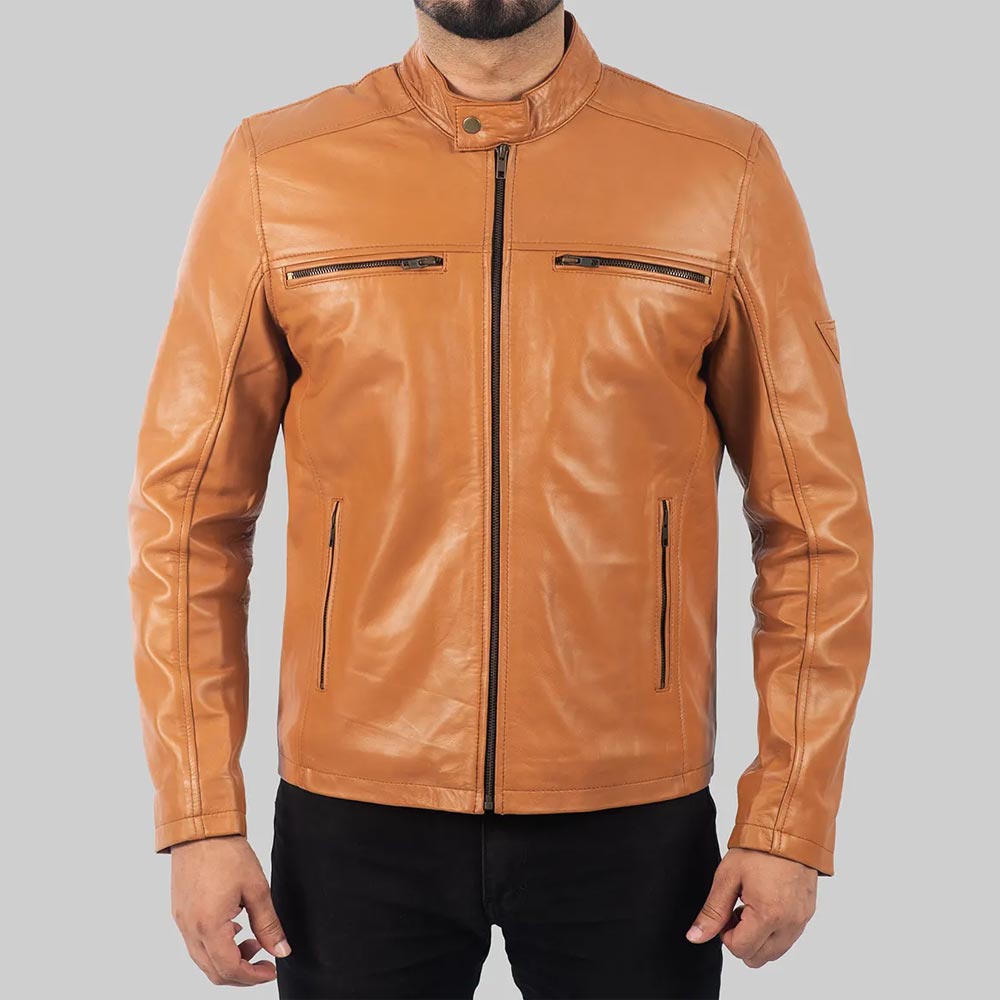 1 Premium Ricky Men's Tan Biker Leather Jacket - Image 1