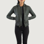Luna Green Hooded Leather Bomber Jacket - Image 3