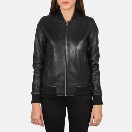 3 Bliss Black Leather Bomber Jacket - Image 1