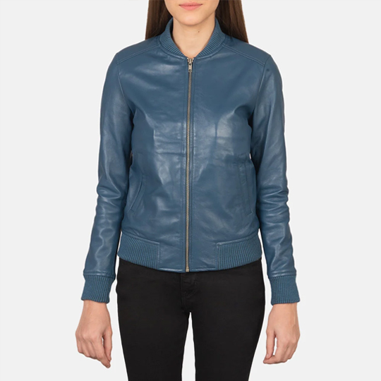 3 Bliss Blue Leather Bomber Jacket - Image 1
