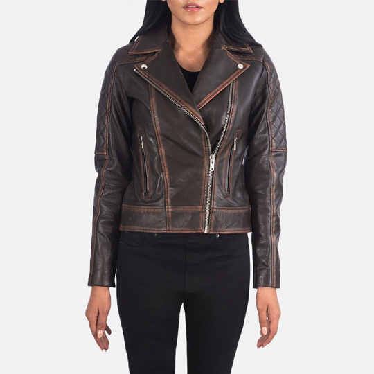 3 Carolyn Quilted Vintage Brown Biker Jacket - Image 1