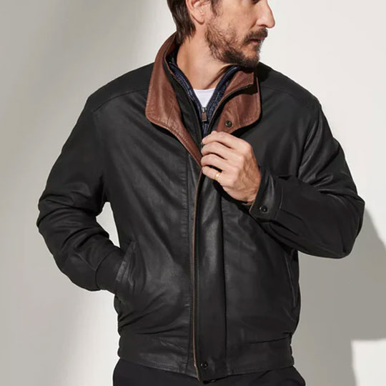 Men-Black-Sheepskin-Leather-Brown-Lining-Bomber-Jacket Men's Black Sheepskin Leather Bomber Jacket with Brown Lining - Image 1