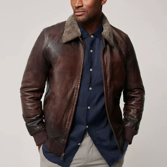 Mens-Brown-Waxed-Sheepskin-Aviator-Leather-Bomber-Jacket Men's Brown Waxed Sheepskin Aviator Leather Bomber Jacket - Image 1